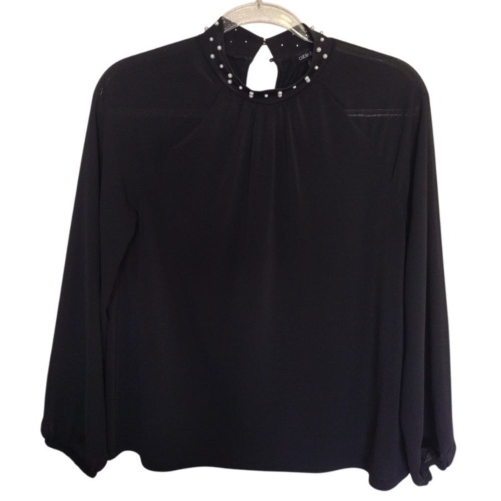 Cable & Gauge Blouse Woman's S Black Formal Mock Neck Pearls Chiffon Long Sleeve